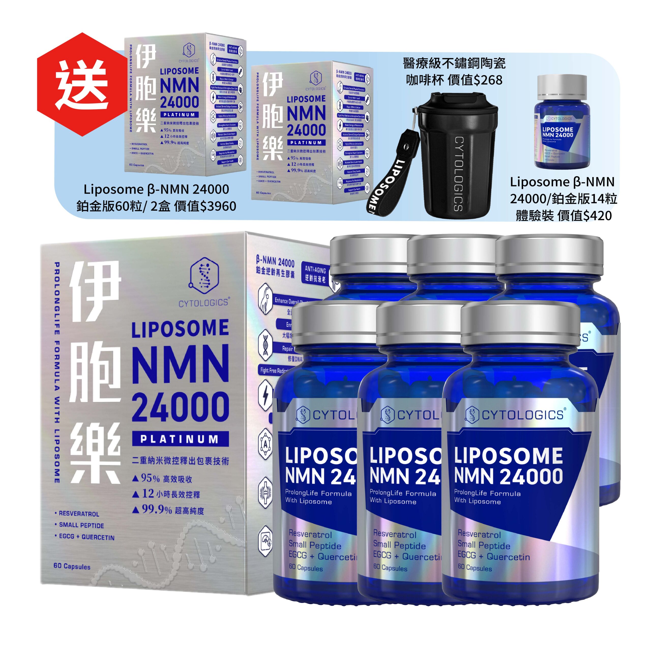 CYTOLOGICS 伊胞樂<br>LIPOSOME β-NMN 24000 鉑金版<br>(60粒) 買6送2 加送體驗版(14粒)和咖啡杯